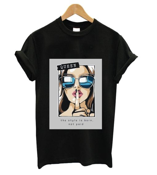 Style is born not paid slogan with comic cartoon girl in sunglasses T-shirt